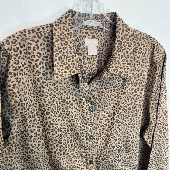 Chico's All Seasons Animal Print Shirt Brown Leopard No iron Coolmax Size 12/14 - Picture 5 of 9